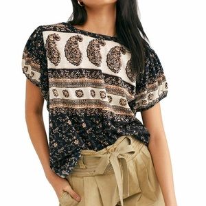 Free People Black and Cream Paisley Top